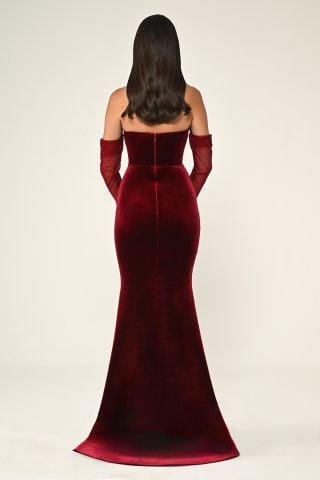 Stoned Fish Cut Velvet Long Dress with Net Sleeves Burgundy - 42