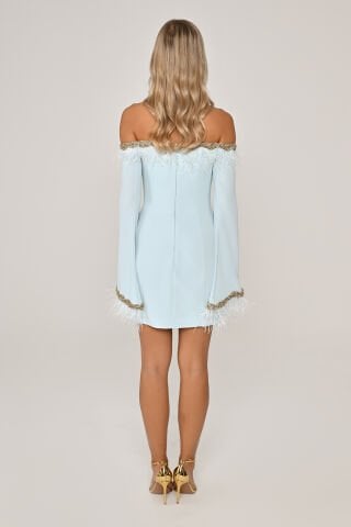 Düşük Kol Kenarları İşlemeli Tüylü Krep Kısa Elbise