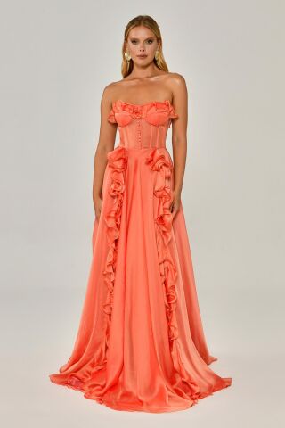 Straplez Fırfırlı Çift Yırtmaçlı Şifon Uzun Elbise SOMON - 40