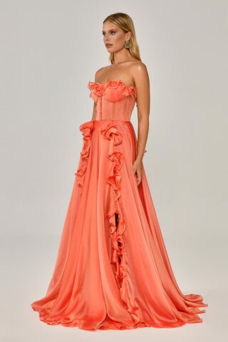 Straplez Fırfırlı Çift Yırtmaçlı Şifon Uzun Elbise SOMON - 40