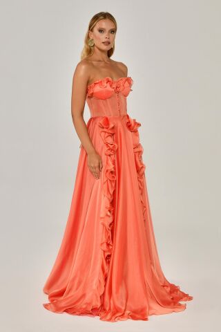 Straplez Fırfırlı Çift Yırtmaçlı Şifon Uzun Elbise SOMON - 40