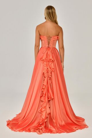 Straplez Fırfırlı Çift Yırtmaçlı Şifon Uzun Elbise SOMON - 40