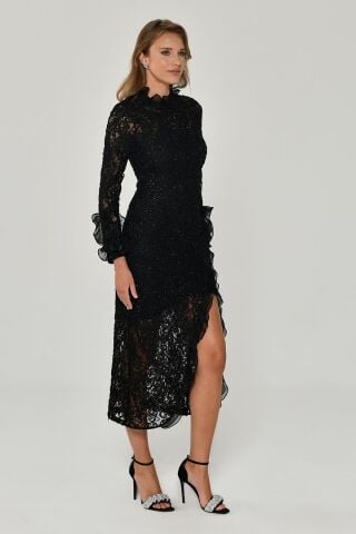 Yırtmaçlı Uzun Kollu Elbise Siyah - 48