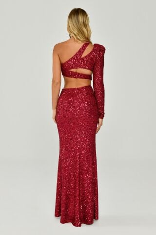 Tek Kol Önden Yırtmaçlı Payet Kumaş Uzun Elbise Fuşya - 40