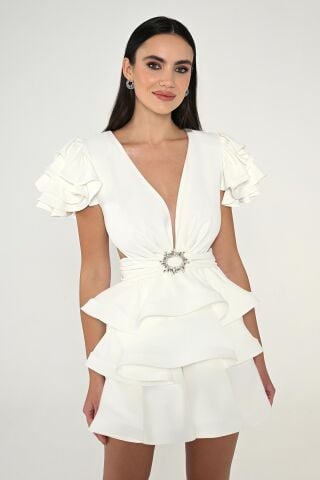 Fırfırlı Balon Kol V Yaka Katlı Etek Krep Kısa Elbise Beyaz - 36