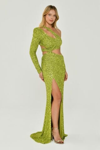 Langes Kleid aus Paillettenstoff mit einem Ärmel und Schlitz vorne, Pistaziengrün – 42