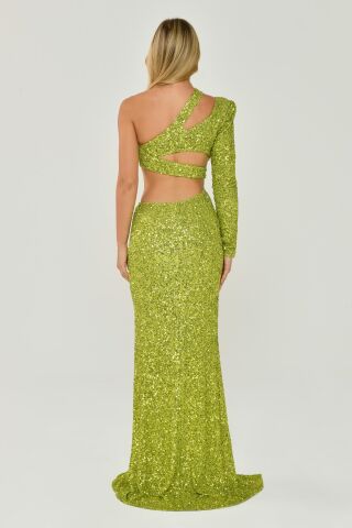 Tek Kol Önden Yırtmaçlı Payet Kumaş Uzun Elbise FISTIK YEŞİLİ - 42