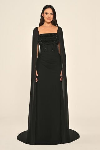 Şal Kol Drapeli Boncuklu Şifon Uzun Elbise