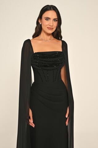 Şal Kol Drapeli Boncuklu Şifon Uzun Elbise