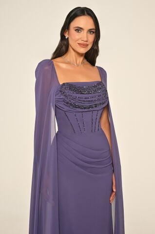 Şal Kol Drapeli Boncuklu Şifon Uzun Elbise