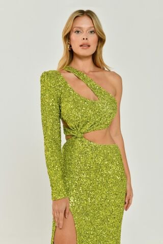 Tek Kol Önden Yırtmaçlı Payet Kumaş Uzun Elbise FISTIK YEŞİLİ - 40