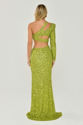 Tek Kol Önden Yırtmaçlı Payet Kumaş Uzun Elbise FISTIK YEŞİLİ - 42