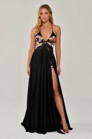 İp Askılı Dekolteli Pullu Saçak Aksesuarlı Saten Uzun Elbise Siyah - 40