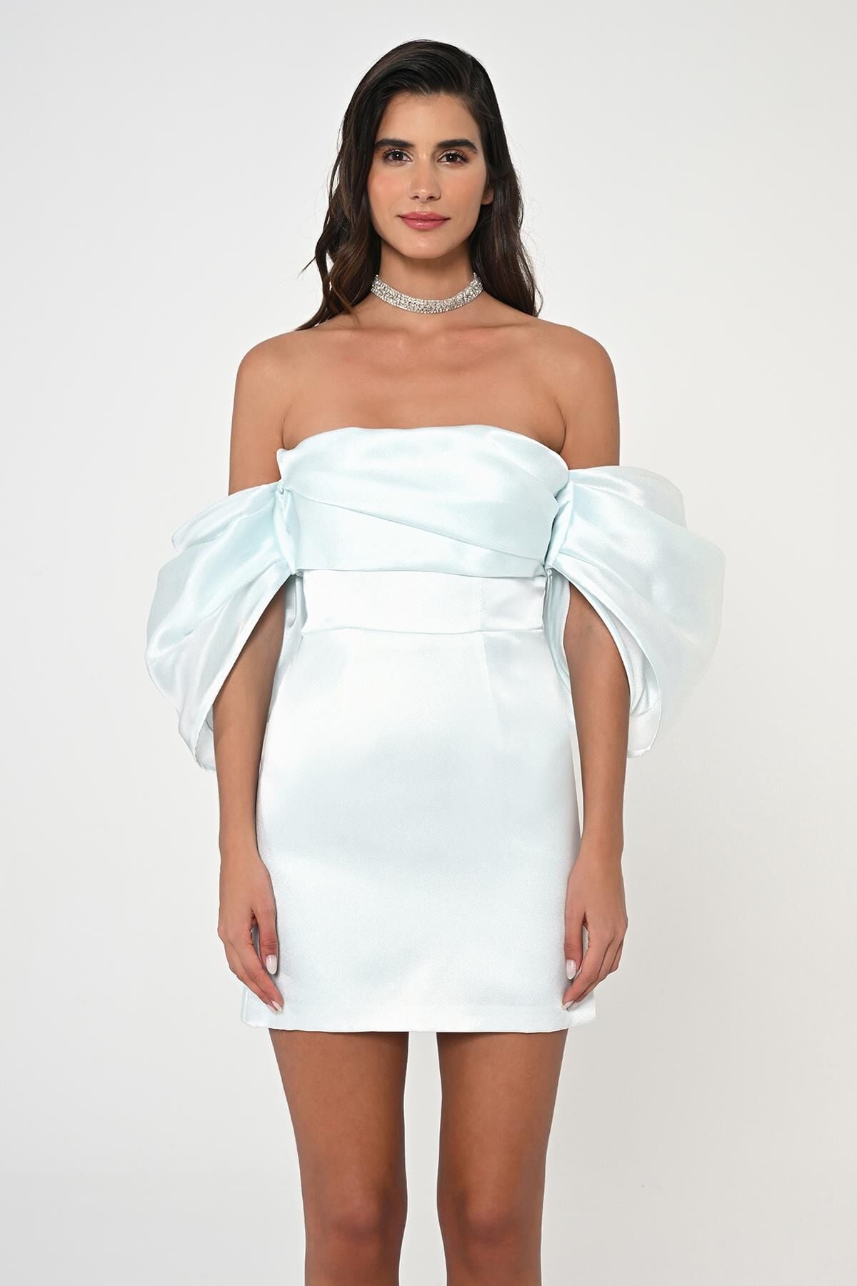 Düşük Balon Kol Straplez Kısa Saten Elbise MAVİ - 40