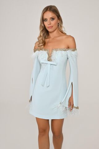 Düşük Kol Kenarları İşlemeli Tüylü Krep Kısa Elbise AÇIK MAVİ - 36