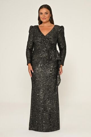 Langes Kleid mit V-Ausschnitt und langen Ärmeln und Pailletten