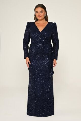 V Yaka Uzun Kollu  Payet Uzun Elbise
