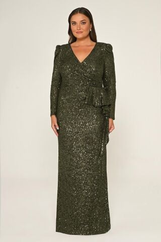 Langes Kleid mit V-Ausschnitt und langen Ärmeln und Pailletten