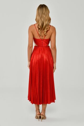 İp Askılı Pliseli Parlak Kumaş Midi Elbise Kırmızı - 40