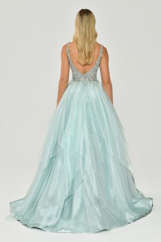 İşlemeli Katlı Uzun Elbise MİNT - 40
