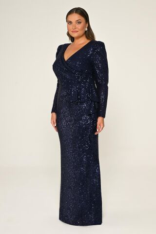 V Yaka Uzun Kollu  Payet Uzun Elbise Lacivert - 44