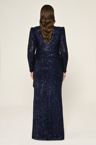 V Yaka Uzun Kollu  Payet Uzun Elbise Lacivert - 44