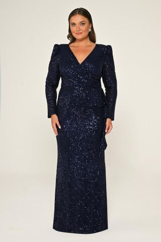 V Yaka Uzun Kollu  Payet Uzun Elbise Lacivert - 44