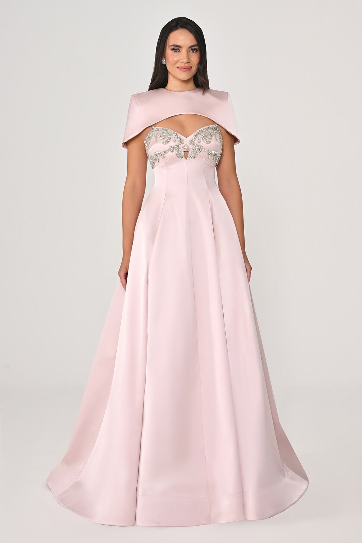 Askılı Bolerolu Taş İşlemeli Parlak Kumaş Uzun Elbise