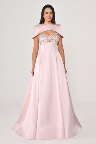 Askılı Bolerolu Taş İşlemeli Parlak Kumaş Uzun Elbise