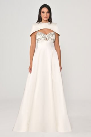 Askılı Bolerolu Taş İşlemeli Parlak Kumaş Uzun Elbise