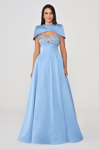 Askılı Bolerolu Taş İşlemeli Parlak Kumaş Uzun Elbise