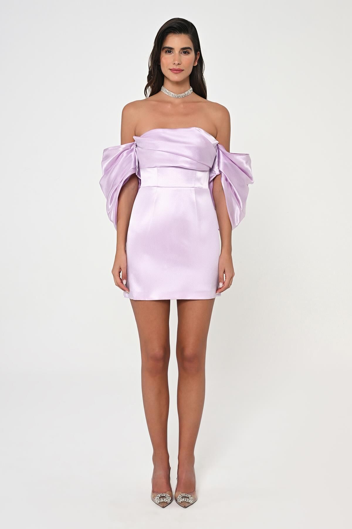 Düşük Balon Kol Straplez Kısa Saten Elbise AÇIK LİLA - 40