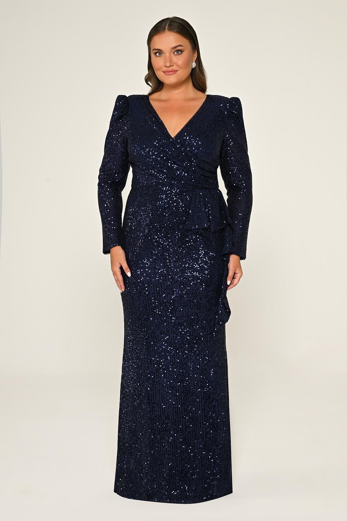 V Yaka Uzun Kollu  Payet Uzun Elbise Lacivert - 48