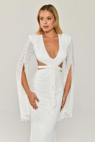 Dökümlü Uzun Kol V Yaka Payetli Uzun Elbise Beyaz - 42