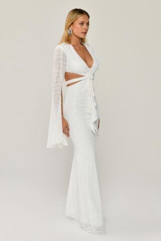 Dökümlü Uzun Kol V Yaka Payetli Uzun Elbise Beyaz - 42