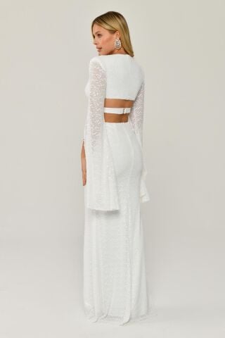 Dökümlü Uzun Kol V Yaka Payetli Uzun Elbise Beyaz - 42