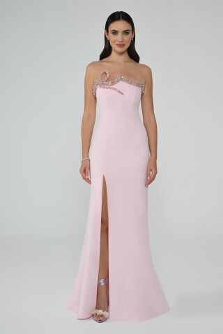 Trägerloser Kragen, gesteinigt, asymmetrischer Schnitt, Schlitz vorne, langes Kleid, Pink – 38