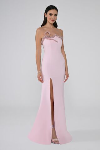 Trägerloser Kragen, gesteinigt, asymmetrischer Schnitt, Schlitz vorne, langes Kleid, Pink – 38