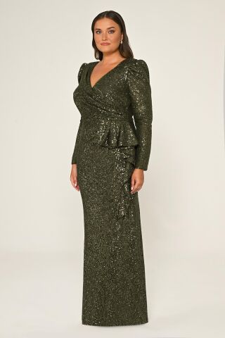 V Yaka Uzun Kollu  Payet Uzun Elbise Nefti - 42