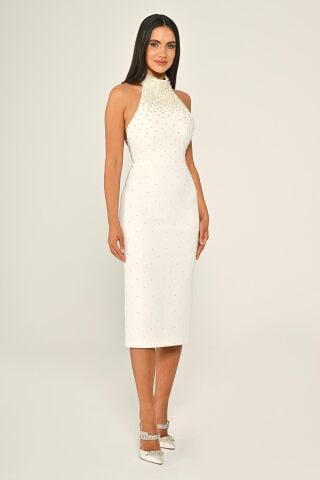 Halter Yaka Boncuklu Krep Midi Elbise Beyaz - 42