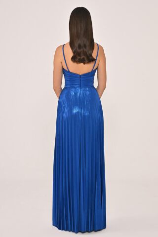 İp Askılı Önden Yırtmaçlı Parlak Şifon Uzun Elbise SAKS - 36