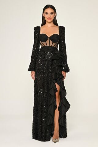 Korseli Transparan Bel Pullu File Uzun Elbise