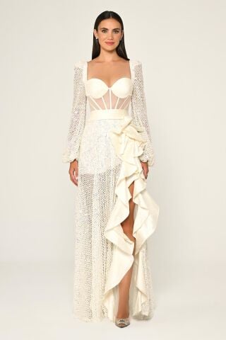 Korseli Transparan Bel Pullu File Uzun Elbise