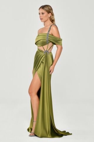 Tek Omuz Taşlı Zincir Askılı Yırtmaçlı Saten Uzun Elbise Nefti - 36