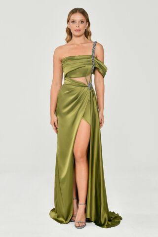 Tek Omuz Taşlı Zincir Askılı Yırtmaçlı Saten Uzun Elbise Nefti - 36