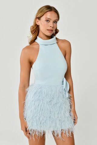 Halter Yaka Sırt Dantelli Eteği Tüylü Kısa Elbise AÇIK MAVİ - 40