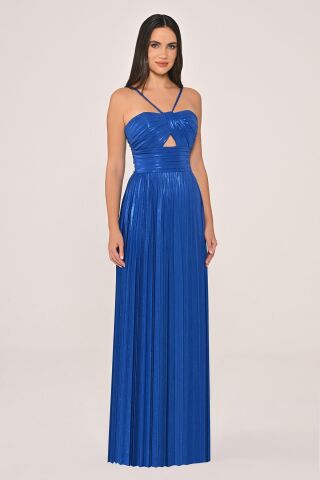 İp Askılı Önden Yırtmaçlı Parlak Şifon Uzun Elbise SAKS - 40