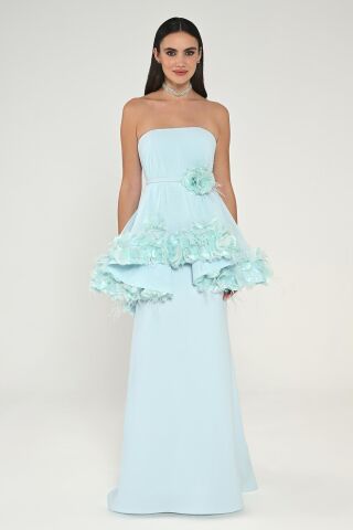 Straplez Katlı Tüy Aksesuarlı Uzun Elbise AÇIK MAVİ - 40