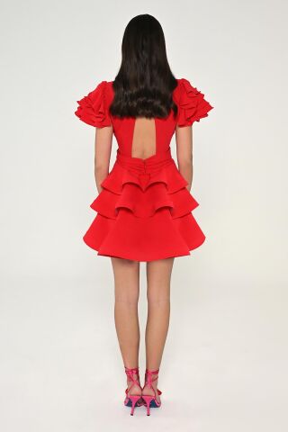 Fırfırlı Balon Kol V Yaka Katlı Etek Krep Kısa Elbise Kırmızı - 40