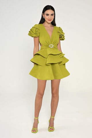Fırfırlı Balon Kol V Yaka Katlı Etek Krep Kısa Elbise OKSİT YEŞİL - 42